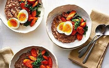 Teff polenta bowls with soft greens and eggs