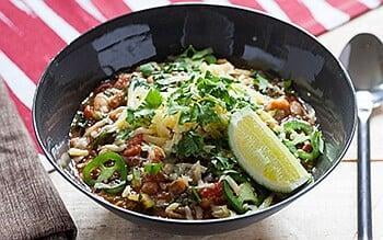 White bean and escarole chilli with sharp cheddar